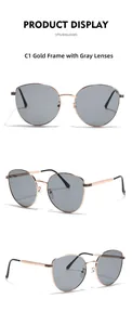 Three-way view of cat-eye metal sunglasses with gold frames and dark grey lenses