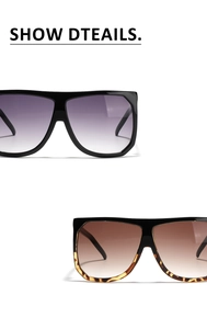 Detail showing oversized square sunglasses with purple and brown gradient lenses