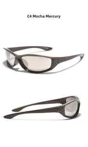 Detail view of mocha frames with silver lenses and temple specs for Y2K sport sunglasses