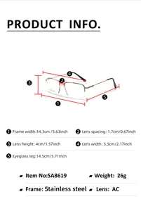 Detailed size chart for square stainless steel eyeglasses frame with measurement specs
