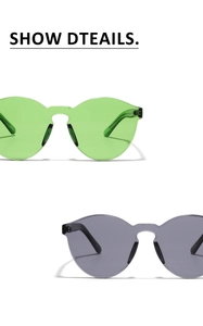 Close-up of frameless rimless sunglasses with green and smoke gray lenses