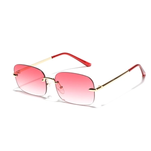 Rimless Y2K square sunglasses with pink gradient lenses and gold metal frames