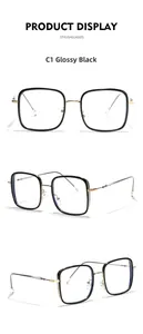 Three views of square TR90 metal glasses frame in glossy black and gold finish