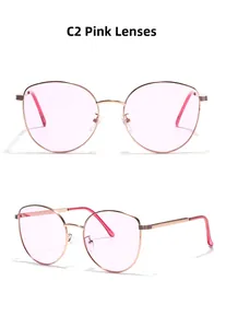 Detailed views of cat eye sunglasses with rose gold metal frames and light purple pink lenses