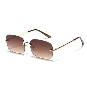 Frameless Y2K square sunglasses with brown gradient lenses and slim gold metal frames