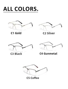 Business half-rim square glasses frames in gold, silver, black, gunmetal, and coffee colors