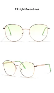 Detail of rose gold metal cat-eye frames with light green lenses and C3 model markings