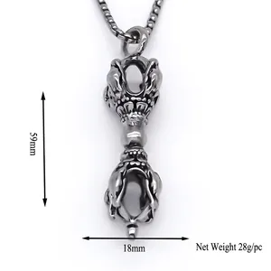 Pendentif Vajra bouddhiste en acier inoxydable avec chaîne carrée, 59mm par 18mm