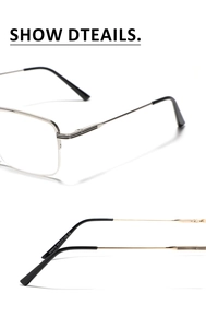 Detail view of silver metal semi-rimless frame with printed specs SA8619 and CE mark