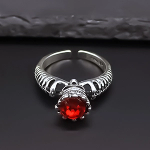 Gothic Skull Skeleton Ribs Ring Red Rhinestone Inlaid Alloy Vintage Adjustable Open Ring Punk Rock Jewelry For Men Women