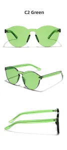 Three-angle view of green rimless sunglasses showing front and side perspectives