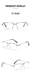 Detail view of gold semi-rimless square glasses showing stainless steel temples and CE mark