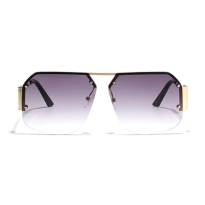 Frameless square metal sunglasses with purple gradient lenses and gold frames