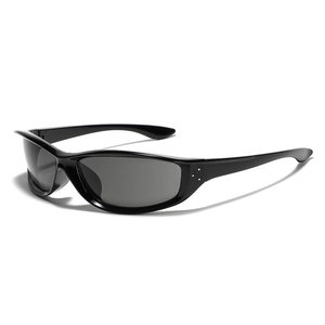 Square Y2K futuristic sunglasses with black glossy frame and silver rivet details
