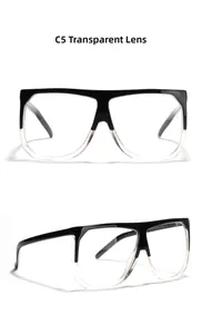 Detail view of square oversized C5 sunglasses with black and clear gradient frames