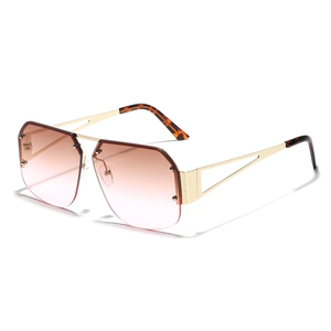 Y2K frameless square sunglasses with pink gradient lenses and golden hollow metal temples
