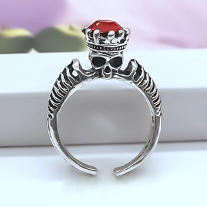 Vintage ghost king adjustable ring with red zircon skull and crown in gothic silver style