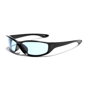 Square Y2K punk sunglasses with black glossy frames and light blue translucent lenses