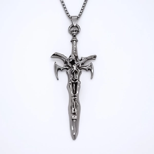 Gothic sword necklace with skull hilt and bone relief in dark silver metal finish