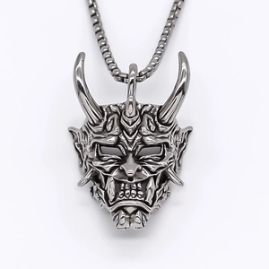 Punk style silver stainless steel demon mask pendant necklace with square link chain