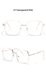 Close-up of square TR90 metal frame glasses in transparent pink finish C7
