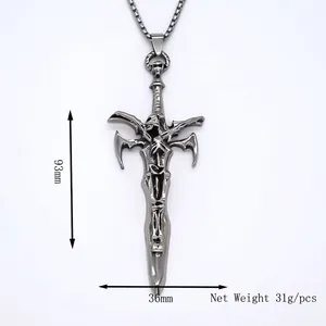 Gothic sword pendant necklace with skull detail and square box chain for men
