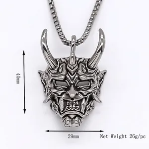 Dark punk devil mask pendant necklace with vintage silver finish and dimensions