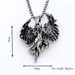 Collana con ciondolo angelo alato vintage in lega ossidata, misura 47x36mm, 28g