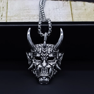 Vintage Alloy Hannya Demon Mask Pendant Necklace For Men Women Punk Exaggerated Silver Gothic Street Style Jewelry Sweater Chain