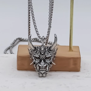 Silver demon Hannya mask pendant on a box chain for men's punk street style jewelry