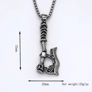 Vintage silver stainless steel axe pendant necklace with size measurements for men