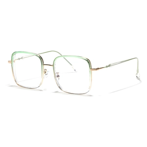 Square transparent green TR90 glasses with elegant gold metal temples and a retro design