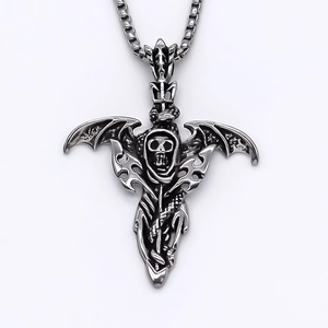 Punk Gothic Totenkopf Anhänger Kette mit Fledermausflügeln und Boxkette für Herren