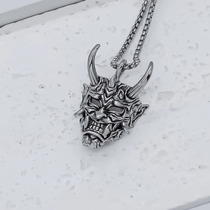 Gothic Hannya devil mask pendant necklace in vintage silver finish with box chain