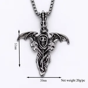 Punk Totenkopf Kreuz Halskette mit Fledermausflügeln Anhänger in Vintage Silber