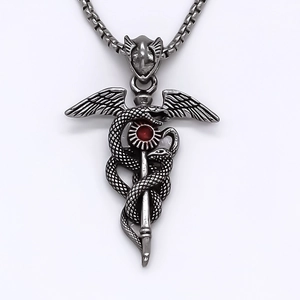 Vintage gothic caduceus pendant necklace with twin snakes and red gemstone in silver