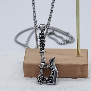 Vintage stainless steel axe pendant necklace for men with retro viking style carvings