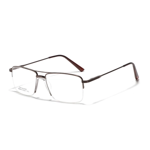 Classic half-rim square metal eyeglasses frame in dark bronze stainless steel