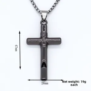 Gunmetal cross whistle pendant necklace showing 47mm x 26mm dimensions and 19g weight