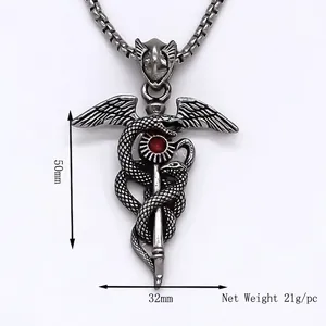 Gothic double snake pendant necklace with red gemstone and wings on 50mm metal charm