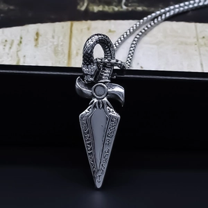 Collier Pendentif Dague de Serpent en Alliage Vintage Bijoux en Strass Rune Viking Punk Gothique pour Hommes Femmes Chaîne Vénitienne Argent Antique