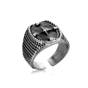 Retro distressed silver alloy ring with black enamel cross and textured fish scale band