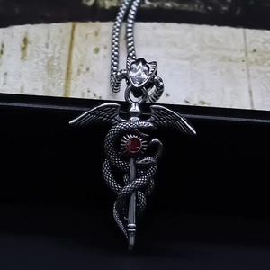 Retro Punk Caduceus Pendant Necklace For Men Women Alloy Wings Double Snake Winding With Red Rhinestone Gothic Hip Hop Jewelry