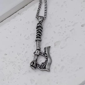Vintage stainless steel axe pendant necklace with Nordic patterns and box chain for men