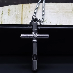 Polished black stainless steel cross whistle pendant with silver beaded chain necklace