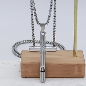 Polished stainless steel cross pendant with whistle function on silver box chain