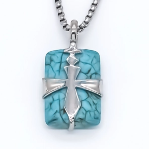 Blue stone pendant necklace with silver metal cross and stainless steel box chain