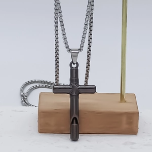 Industrial stainless steel cross whistle pendant with silver box chain for men