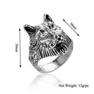 Retro punk style wolf head relief ring in antique silver finish with 30mm bold design