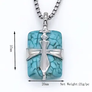 Turquoise square pendant necklace with silver cross frame, 37mm height, 20mm width